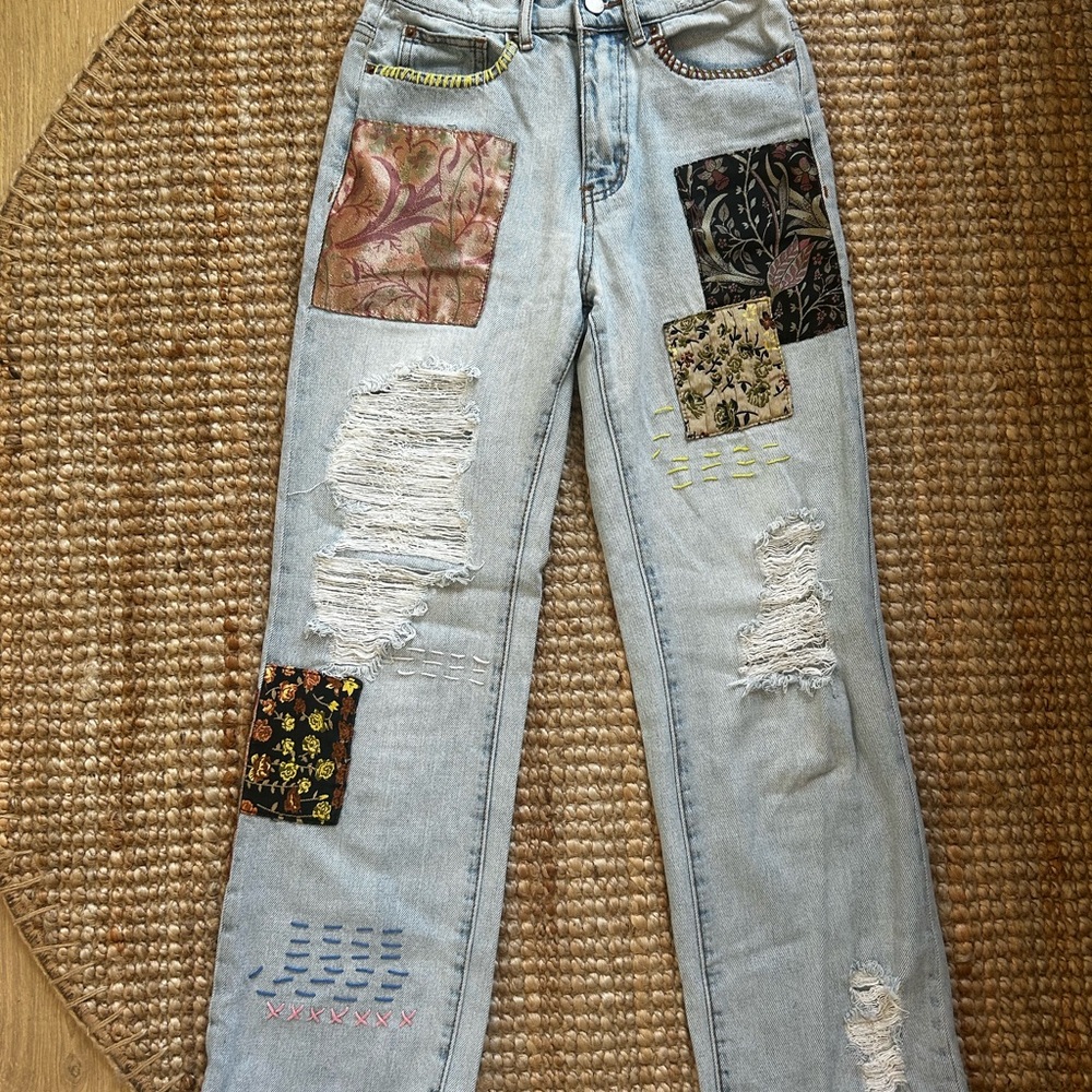 Vintage Patchwork 100% Cotton Jeans with Sashiko Stitch Detailing
